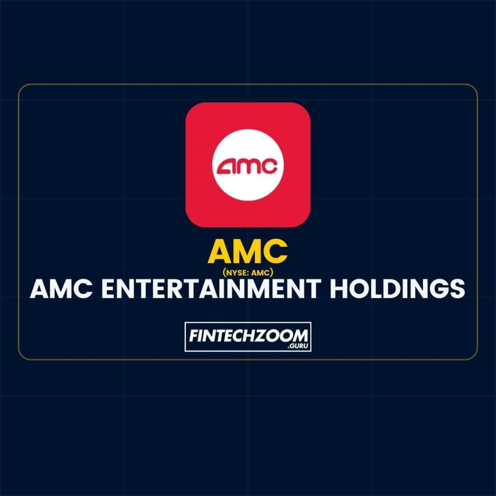 A logo of AMC Entertainment Holdings is displayed against a dark blue background, encased in a red square with rounded corners. Above the square, ‘AMC’ is written in large white letters, and below it, ‘ENTERTAINMENT HOLDINGS’ is spelled out in smaller white text. The phrase ‘[FINTECHZOOM.guru]’ appears beneath, suggesting a financial or stock market context. The entire image is framed by a yellow border, emphasizing the AMC branding.