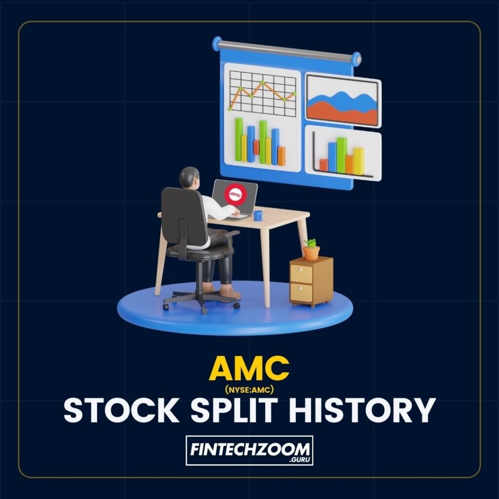 A graphic illustration depicting a person at a desk with three monitors showing various charts and graphs, symbolizing a focus on AMC’s stock split history. A small red flag with a white heart symbol and an open laptop with the same heart symbol on its screen are also present, suggesting a dedicated tracking of AMC’s financial performance. The bold text ‘AMC STOCK SPLIT HISTORY’ and ‘FINTECHZOOM GURU’ emphasize the financial analysis theme of the image.