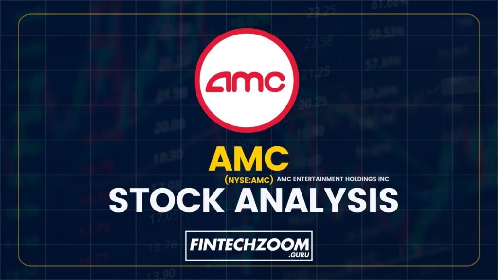 An informative graphic featuring the AMC Entertainment Holdings Inc. logo, with bold yellow text stating ‘AMC’ and ‘STOCK ANALYSIS’ against a dark blue background displaying stock market data. The image also includes the text ‘FINTECHZOOM.GURU’ in the bottom right corner, suggesting a financial analysis context for AMC’s stock.