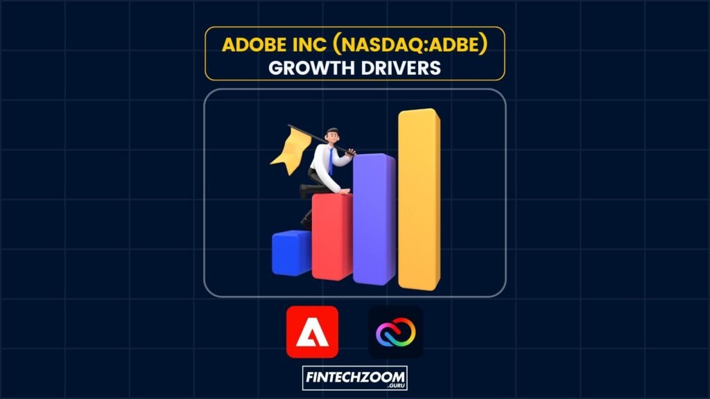 An engaging visual showcasing the key growth drivers and future prospects for Adobe’s suite of products. The image features a rising graph symbolizing Adobe’s steady market growth, with icons representing its core products like Photoshop, Illustrator, and the Adobe Marketing Cloud. Highlighted are the innovative leaps in genAI technology, the expansion of digital marketing tools, and the strategic acquisitions that have fortified Adobe’s market position. The future outlook is depicted with forward-pointing arrows and bright lights, indicating ongoing innovation, potential market expansion, and Adobe’s commitment to empowering creativity and marketing effectiveness