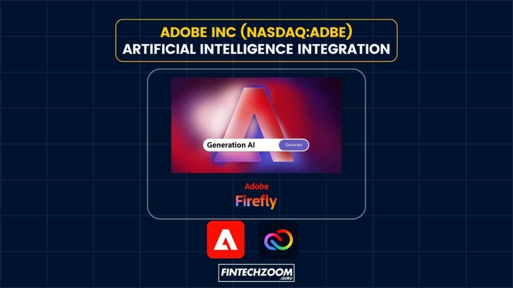 An insightful image illustrating Adobe Inc.'s integration of Artificial Intelligence (AI) and Machine Learning (ML) into their services. The graphic highlights a network of interconnected nodes symbolizing AI algorithms, with Adobe’s logo at the center. Surrounding the logo are various icons representing machine learning processes and data analytics, showcasing Adobe’s commitment to enhancing its digital experience platform with cutting-edge AI and ML technologies. This integration aims to provide more personalized and efficient user experiences across Adobe’s suite of products.