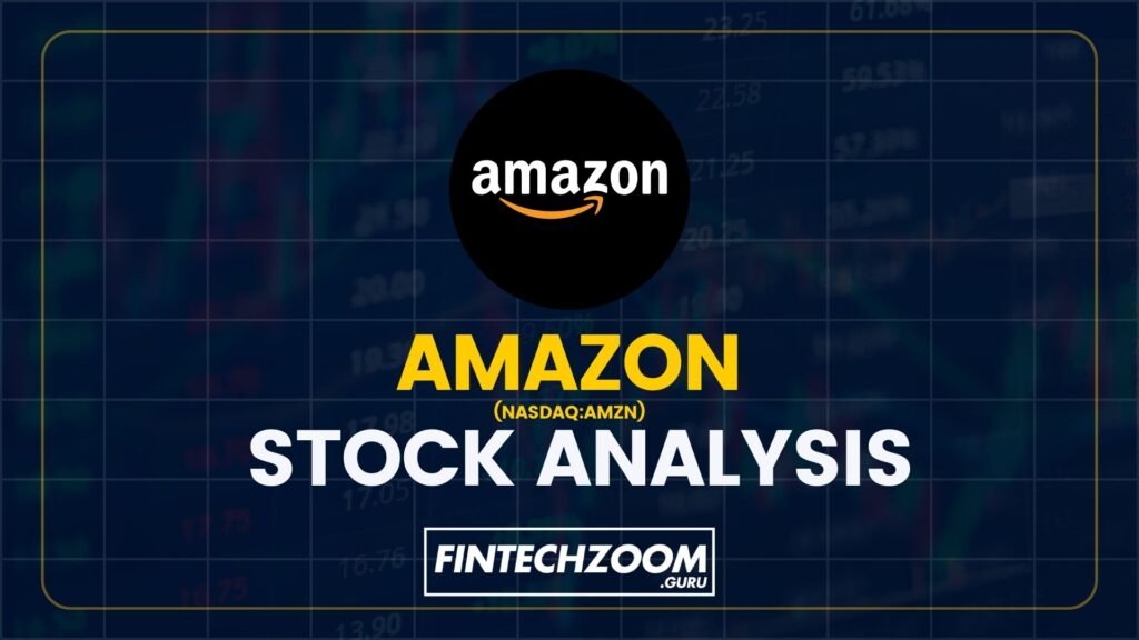 An infographic featuring the Amazon logo with a smile arrow, titled ‘AMAZON STOCK ANALYSIS’ in bold yellow letters. Below, the label ‘NASDAQ:AMZN’ is displayed, along with the watermark ‘FINTECHZOOM.GURU’. The background mimics a stock market board, complete with numerical data and graphs, suggesting a financial analysis of Amazon’s stock performance.