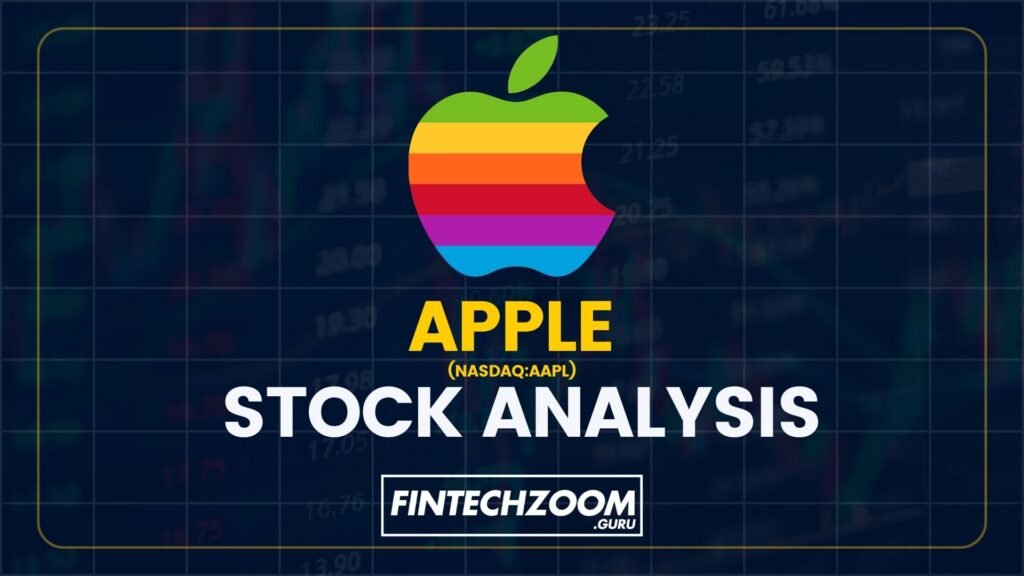 Fintechzoom Apple Stock, An analytical graphic of Apple Inc.'s stock performance, featuring key financial metrics and the colurful rainbow apple company’s logo, with FintechZoom as the source of the analysis.