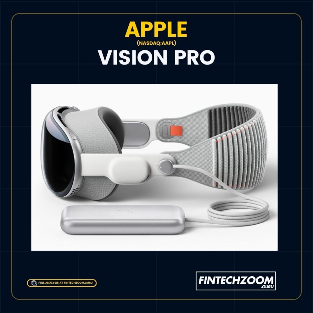 Promotional image of the Apple Vision Pro, a conceptual virtual reality headset by Apple, featuring a sleek white design with gray accents and a red button, set against a dark blue background with the tagline ‘The Future is a Better Reality’, as presented by FintechZoom.guru