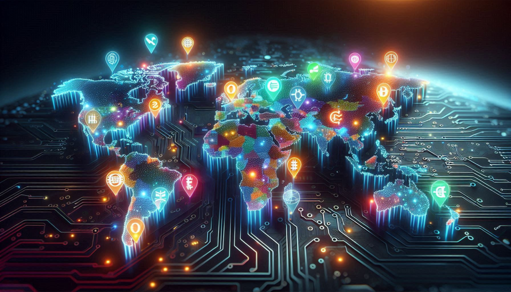 A dynamic and visually engaging world map, illuminated with neon colors to denote different cryptocurrency regulations across countries. The map hovers elegantly above a highly detailed circuit board, symbolizing the technological foundation of digital currencies. Each country is color-coded, reflecting the diverse legal landscape of cryptocurrency usage and trading, creating a vivid representation of the global impact of these regulations.