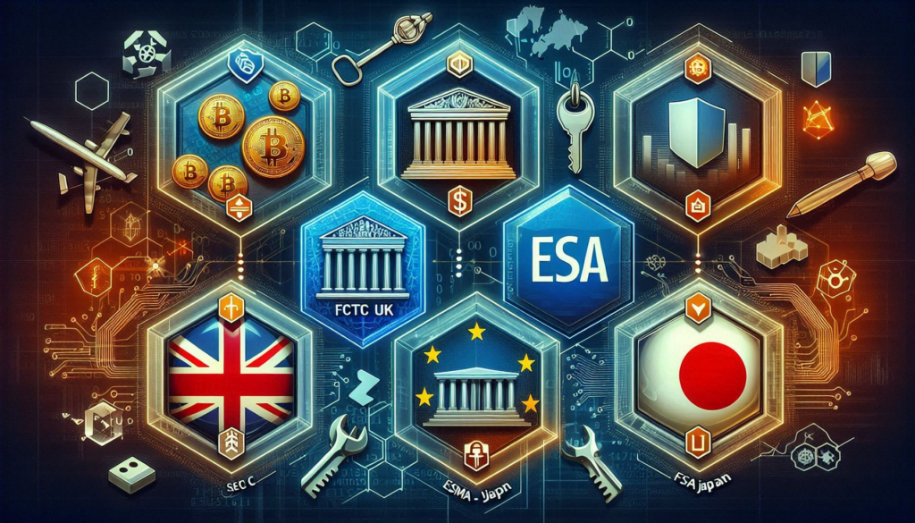 An informative visual showcasing the key regulatory bodies in finance and their positions on digital assets. The image features the logos of the SEC, CFTC, FCA UK, ESMA - EU, and FSA Japan, arranged in a semi-circle with a backdrop that symbolizes stability and oversight in the financial market. Each logo is connected by lines to a central digital globe, indicating their global influence and interconnected approach to regulating cryptocurrencies and digital assets