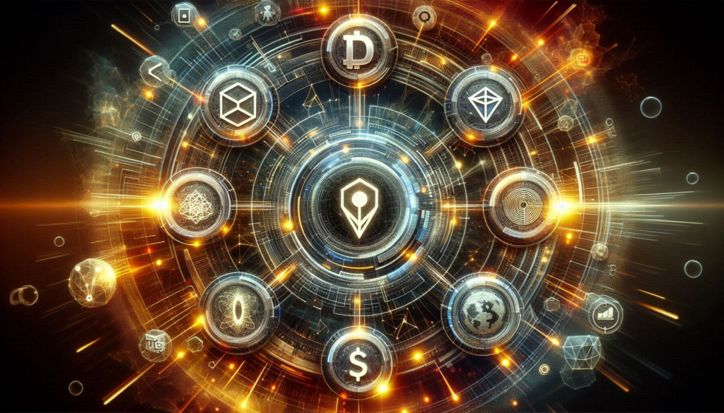 A visually striking composition featuring 3D icons that represent the cutting-edge sectors of decentralized finance (DeFi), non-fungible tokens (NFTs), and central bank digital currencies (CBDCs). These icons are arranged in a harmonious circular pattern, interconnected by pulsating streams of energy that symbolize the dynamic and interconnected nature of these digital assets. The overall design conveys a sense of innovation and the futuristic potential of blockchain technology