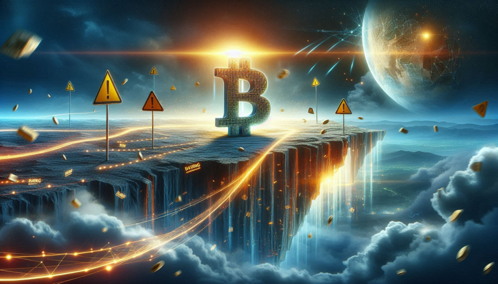 A captivating scene unfolds with a large, radiant cryptocurrency symbol teetering on the brink of a virtual precipice. Surrounding the symbol are ominous warning signs and a whirlwind of data streams, creating a sense of urgency and caution. This powerful imagery serves as a metaphor for the volatile nature of the cryptocurrency market and the potential risks involved in digital currency investment.