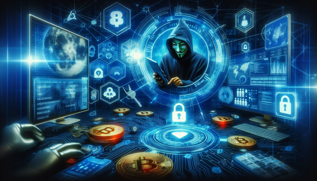 An image that captures the essence of cybersecurity in the cryptocurrency world, depicting a futuristic landscape where digital safeguards protect against the threats of hacks, scams, and fraud. The scene is set against a backdrop of advanced cryptographic elements and a network of secure connections, highlighting the ongoing battle between security measures and cyber threats in the realm of futuristic crypto finance.