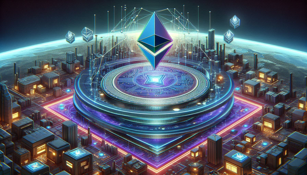 A futuristic visualization of Layer 2 solutions for Ethereum, showcasing a network of interconnected nodes and layers that enhance scalability and efficiency. The design features sleek, digital elements and a high-tech aesthetic, representing the advanced infrastructure that supports Ethereum’s expanded capabilities and improved transaction speeds.