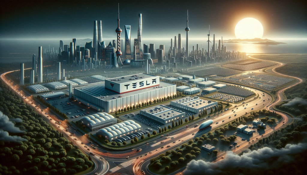 The image is a futuristic representation of Tesla’s global production network. It includes Gigafactories located in Fremont (California), Shanghai, Berlin, and Texas. Each factory is represented by a distinct icon on a stylized world map. The factories are connected by lines, symbolizing Tesla’s interconnected global network. This image illustrates Tesla’s expansive and state-of-the-art production capabilities across the globe