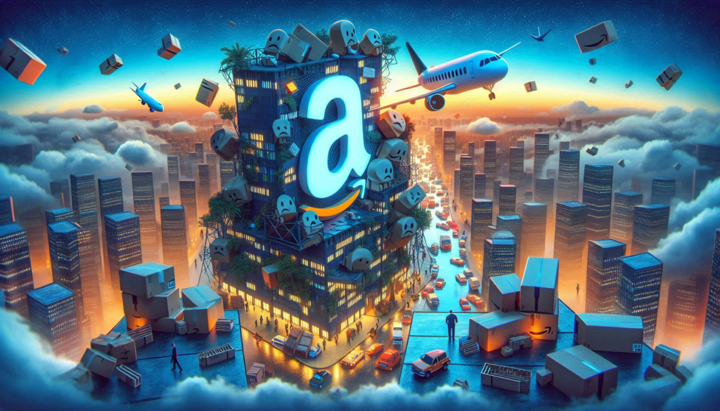 An abstract representation of the risks and challenges associated with Amazon’s stock price. The image likely features visual metaphors such as fluctuating graphs, storm clouds, or barriers, symbolizing the uncertainties and potential obstacles that could impact the stock’s performance.