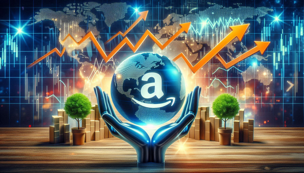 “An engaging graphic illustrating potential catalysts for Amazon’s stock price movement in the near to medium term. The image features arrows pointing up and down, symbolizing possible fluctuations, set against a backdrop of a stock chart. Amazon’s logo is prominently displayed, anchoring the theme of the graphic to the company’s market activity.”