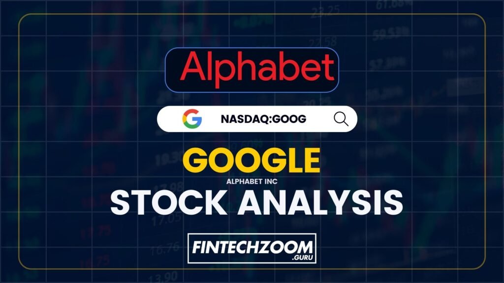 An analytical graphic from FintechZoom featuring Alphabet Inc.'s Google stock performance on NASDAQ: GOOG, highlighting key financial data against a dark backdrop with the Google and Alphabet logos. by fintechzoom.guru